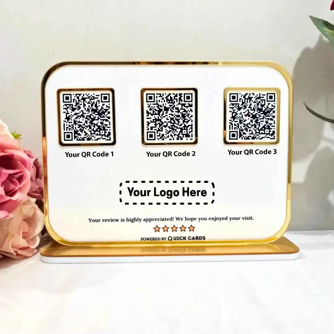 Premium 3 QR White Stand with Golden Finish - Quick Cards