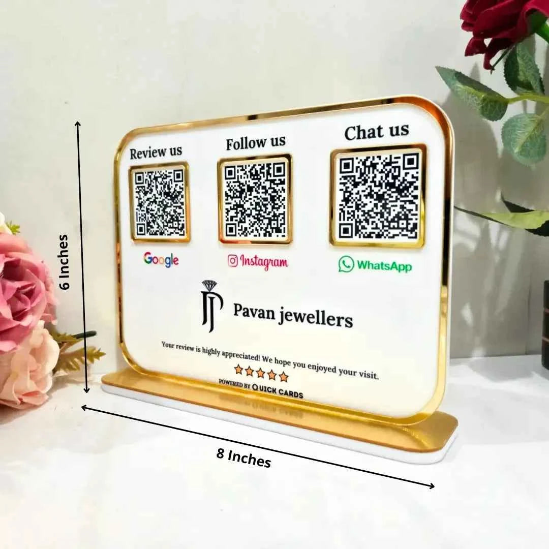 Premium 3 QR White Stand with Golden Finish - Quick Cards