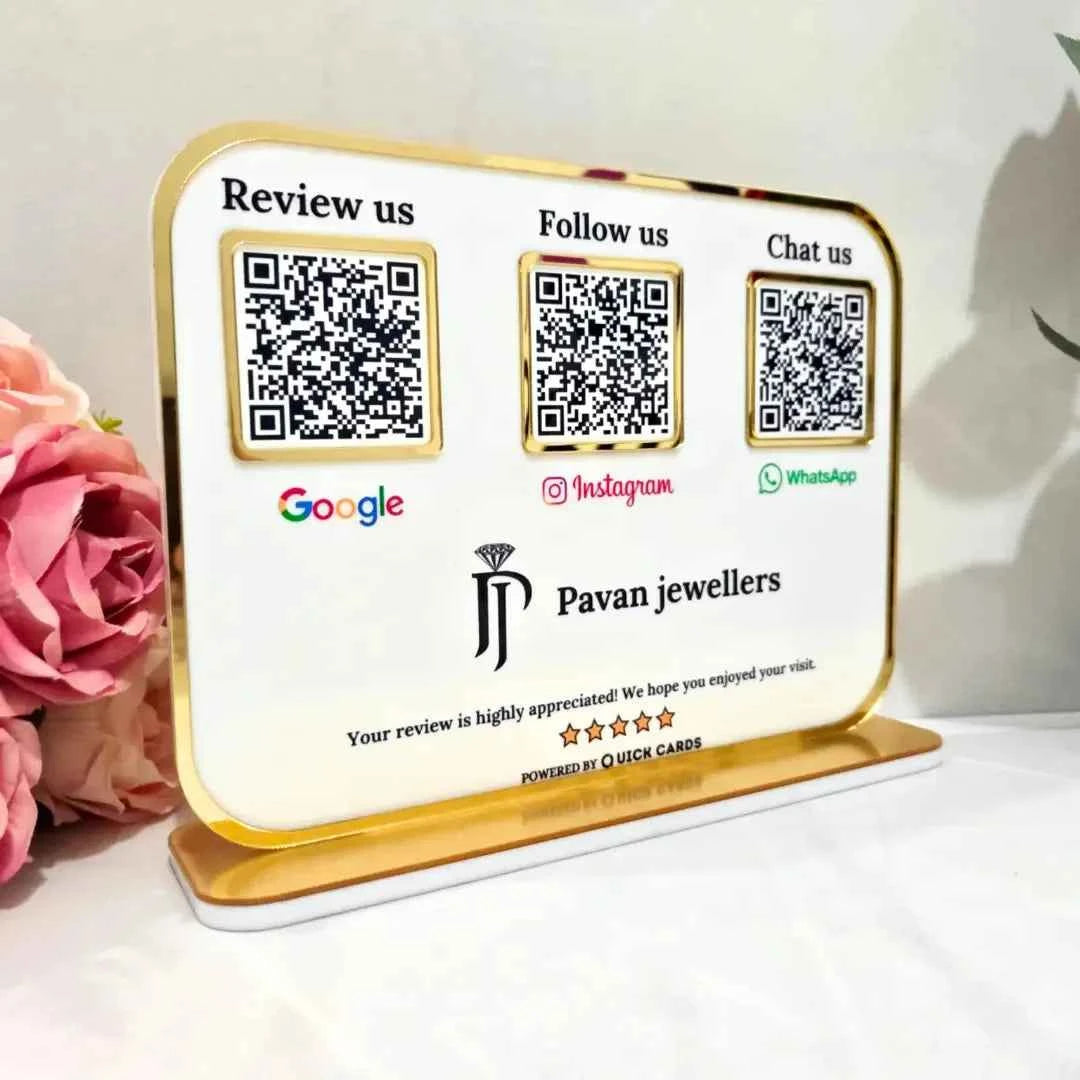 Premium 3 QR White Stand with Golden Finish - Quick Cards