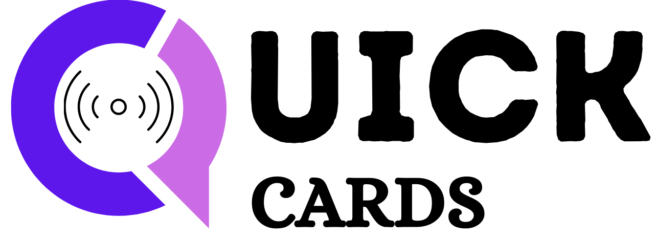 Logo of QUICK CARDS with a purple and black design on a white background