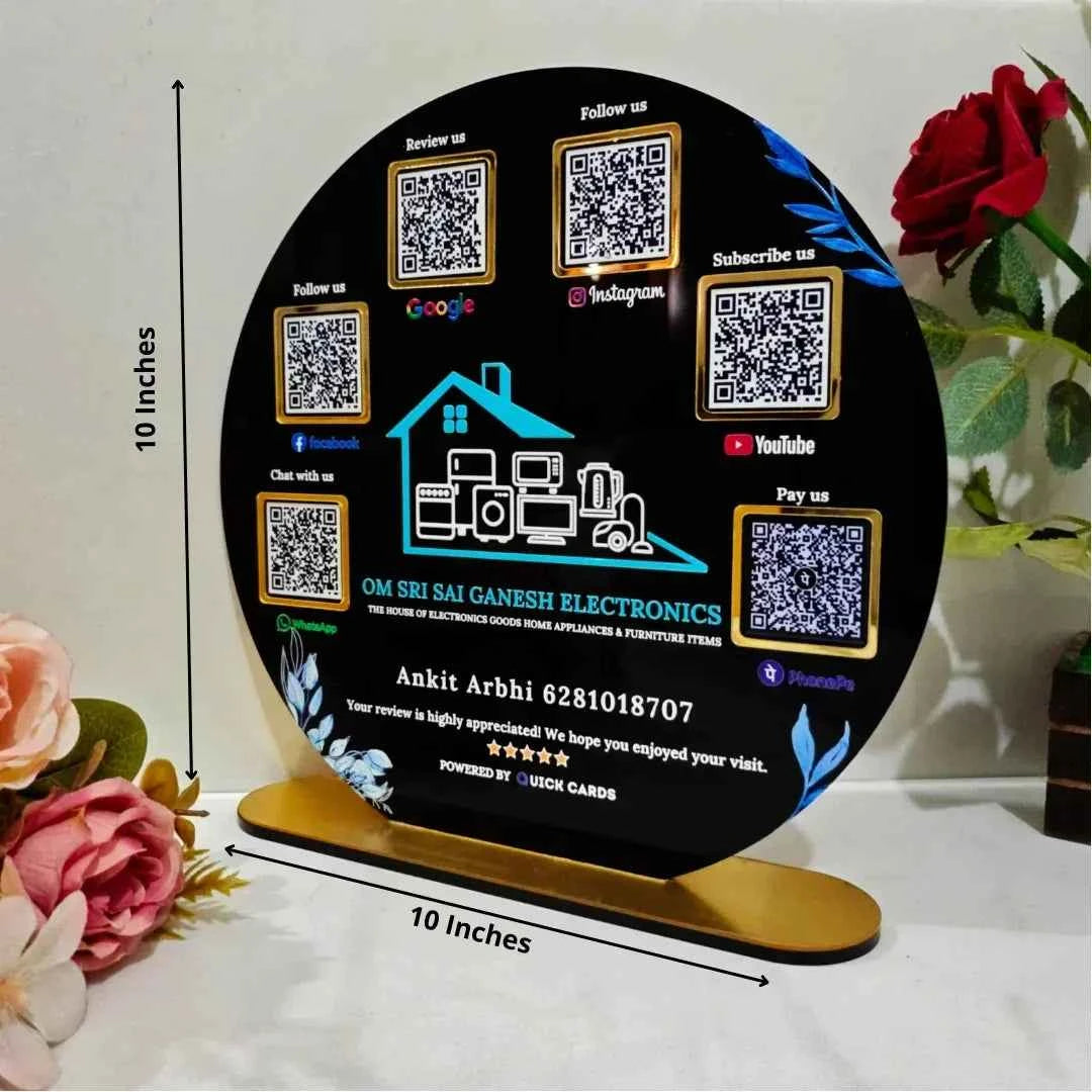 Round Shape 6 QR with UV Printed Acrylic Stand - Quick Cards
