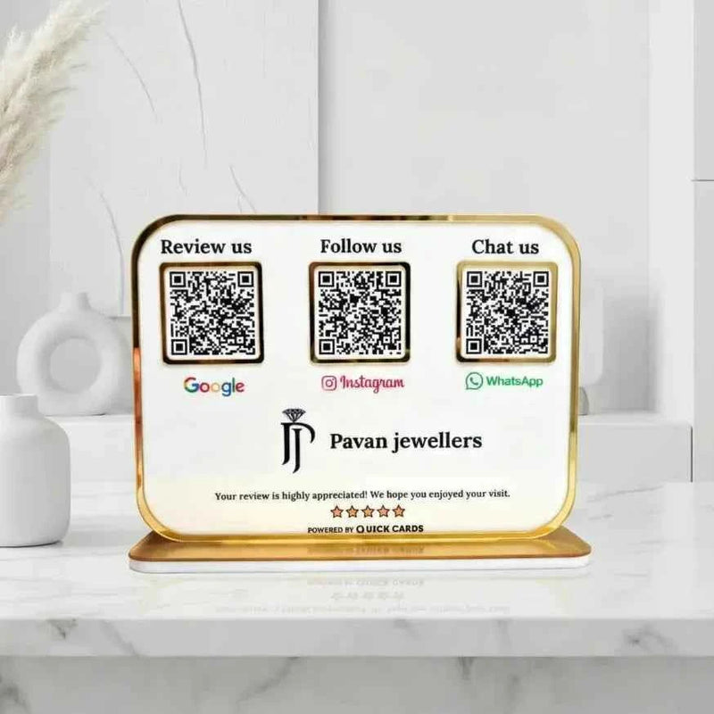 Premium 3 QR White Stand with Golden Finish - Quick Cards