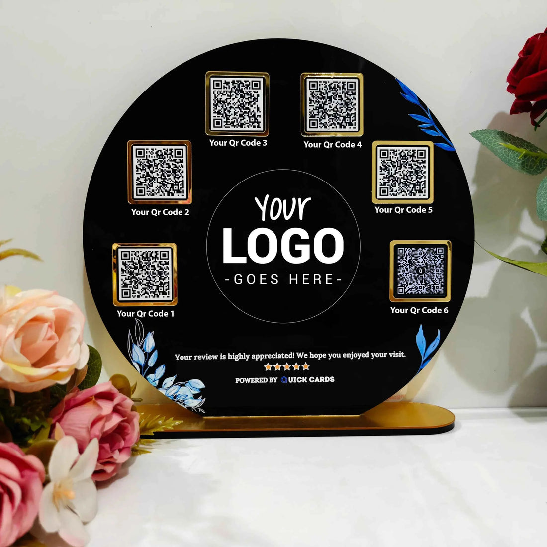 Round Shape 6 QR with UV Printed Acrylic Stand - Quick Cards